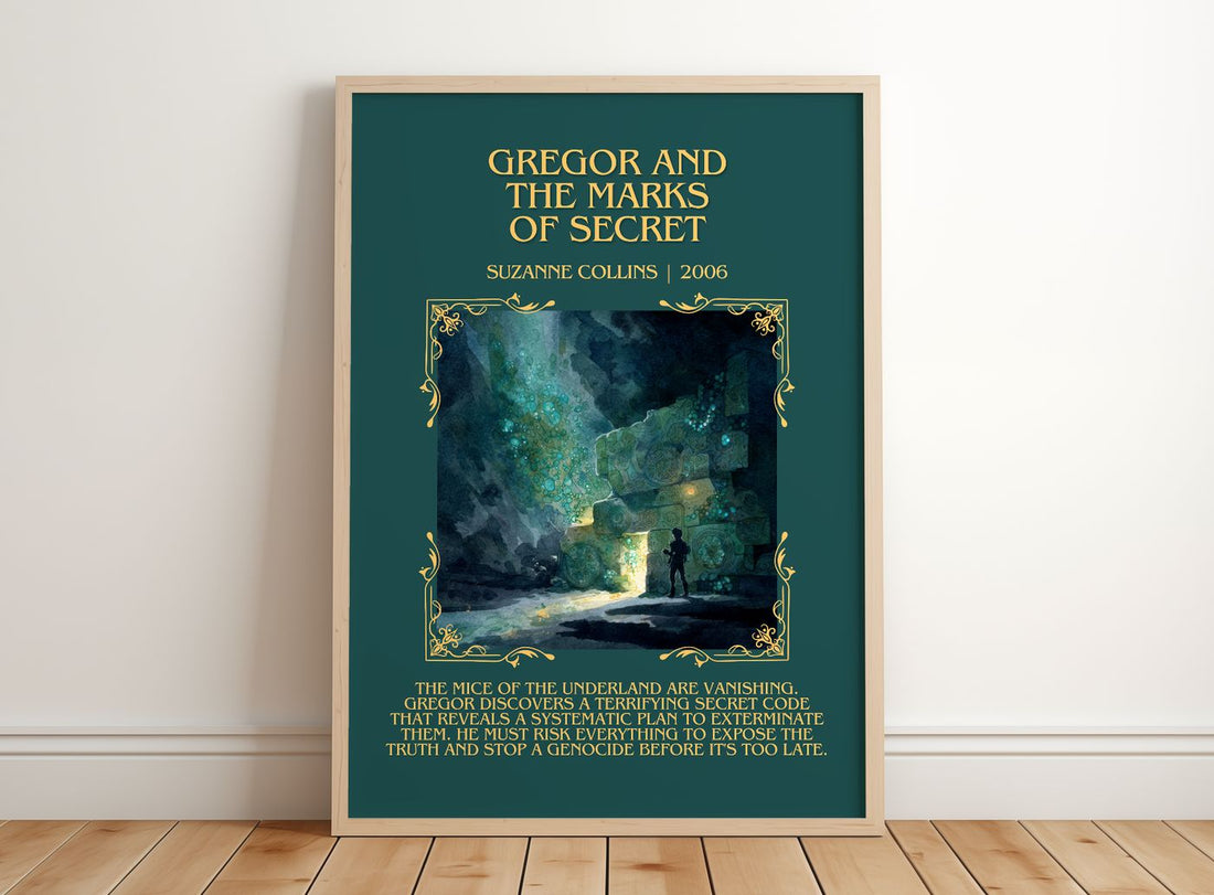 Gregor And The Marks Of Secret Minimalist Book Poster by S. Collins – framed print leaning on a wooden floor