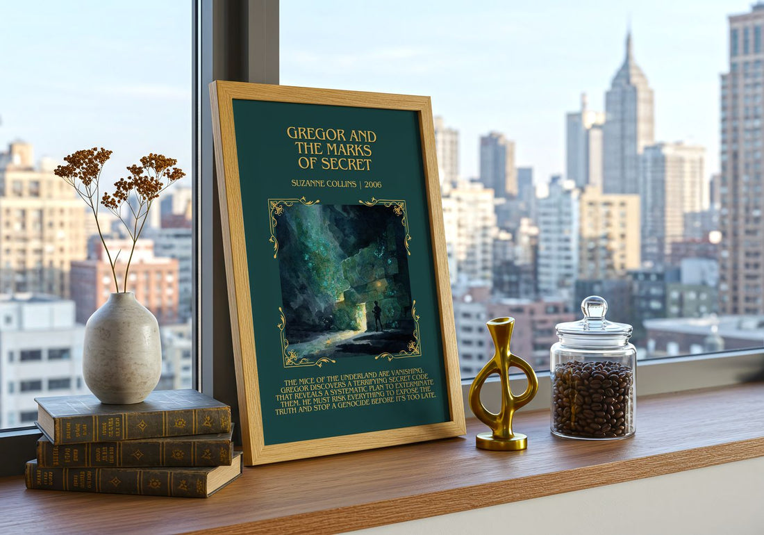 Gregor And The Marks Of Secret Minimalist Book Poster by S. Collins – framed print on a city-view windowsill