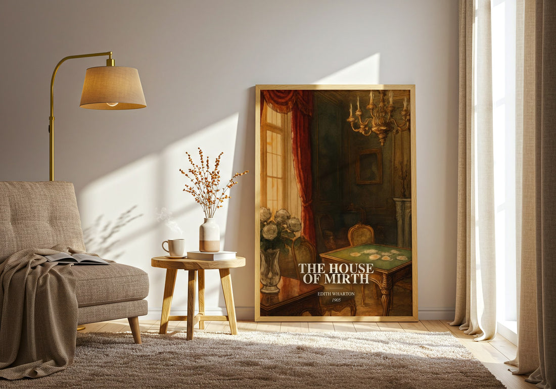 The House Of Mirth watercolour print in frame leaning in hallway – classic literature wall art (mockup)