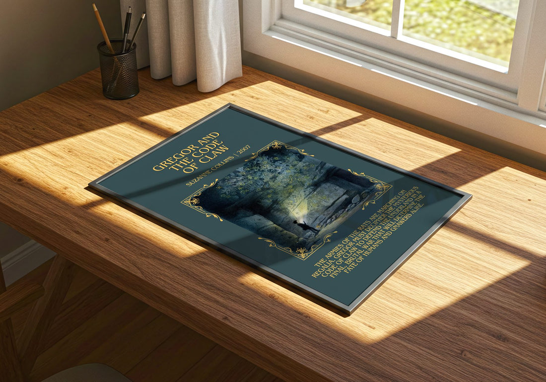 Gregor And The Code Of Claw Minimalist Book Poster by Suzanne Collins – print on a sunlit desk