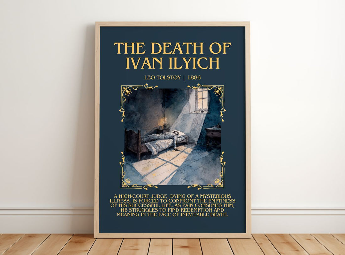 The Death Of Ivan Ilyich Minimalist Book Poster by Leo Tolstoy – framed print leaning on a wooden floor