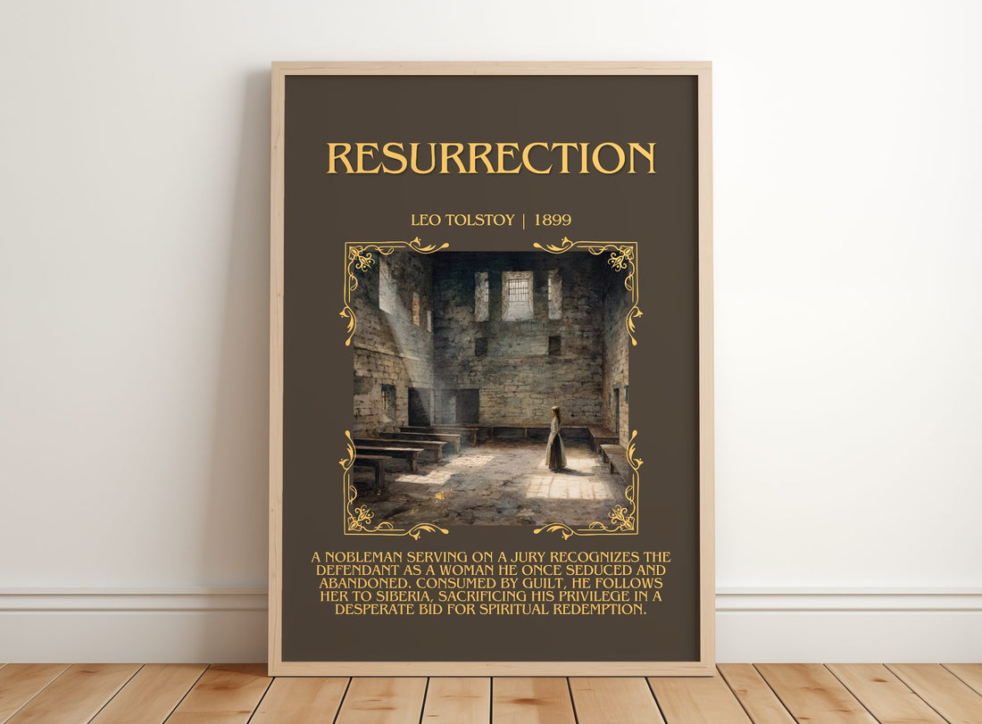 Resurrection Minimalist Book Poster by Leo Tolstoy – framed print leaning on a wooden floor