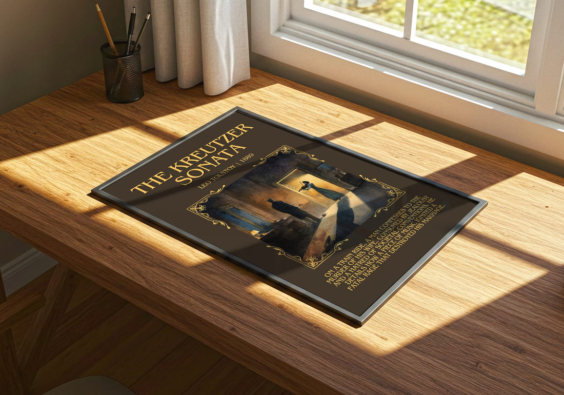The Kreutzer Sonata Minimalist Book Poster by Leo Tolstoy – print on a sunlit desk