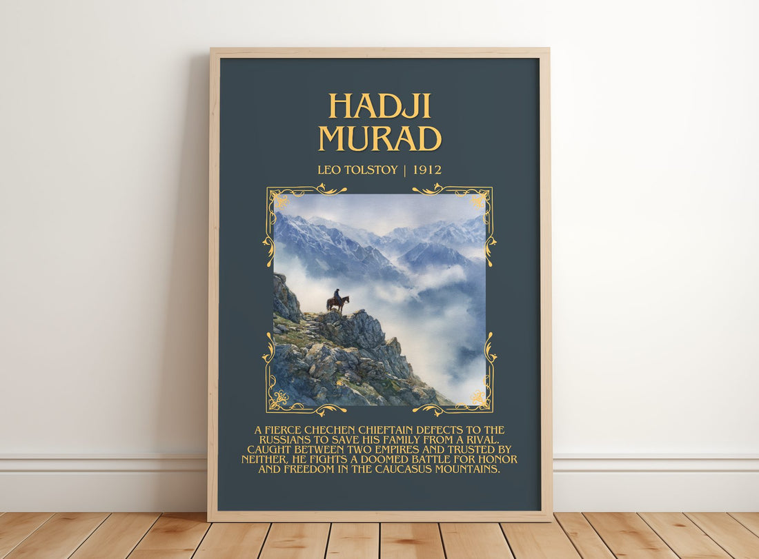 Hadji Murad Minimalist Book Poster by Leo Tolstoy – framed print leaning on a wooden floor