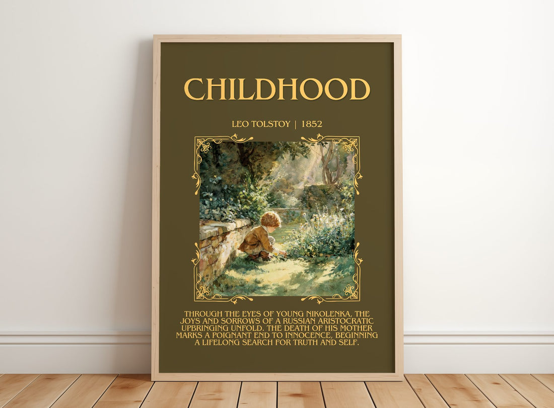 Childhood Minimalist Book Poster by Leo Tolstoy – framed print leaning on a wooden floor
