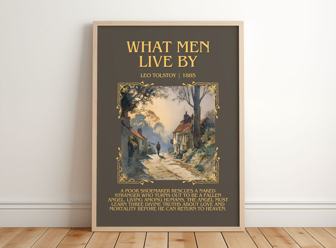 What Men Live By Minimalist Book Poster by Leo Tolstoy – framed print leaning on a wooden floor