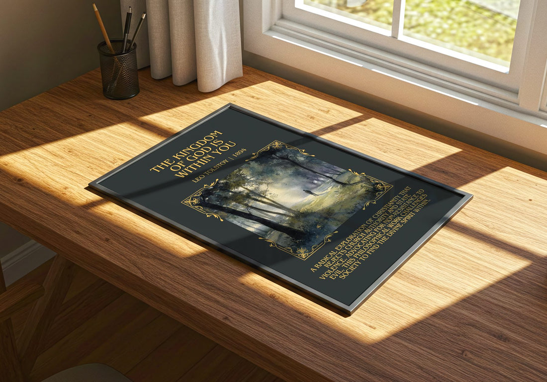 The Kingdom Of God Is Within You Minimalist Book Poster by Leo Tolstoy – print on a sunlit desk