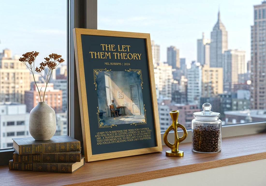 The Let Them Theory Minimalist Book Poster by Mel Robbins – framed print on a city-view windowsill