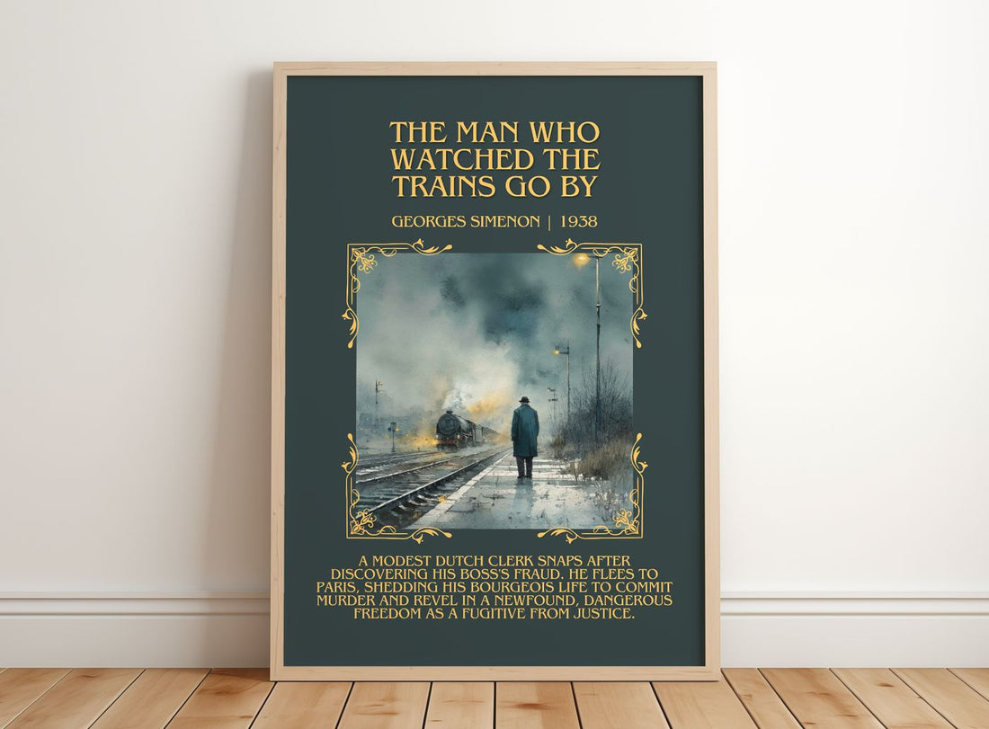 Man Who Watched The Trains Go By Minimalist Book Poster by G. Simenon – framed print leaning on a wooden floor