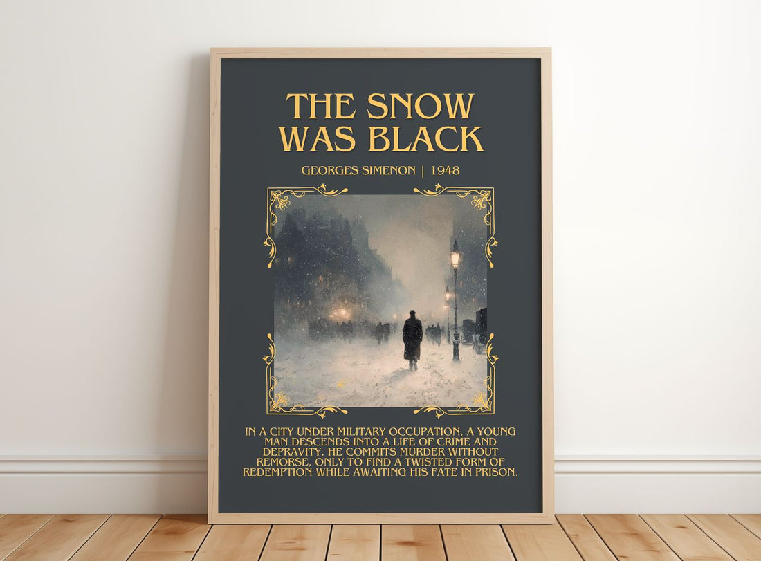 The Snow Was Black Minimalist Book Poster by Georges Simenon – framed print leaning on a wooden floor
