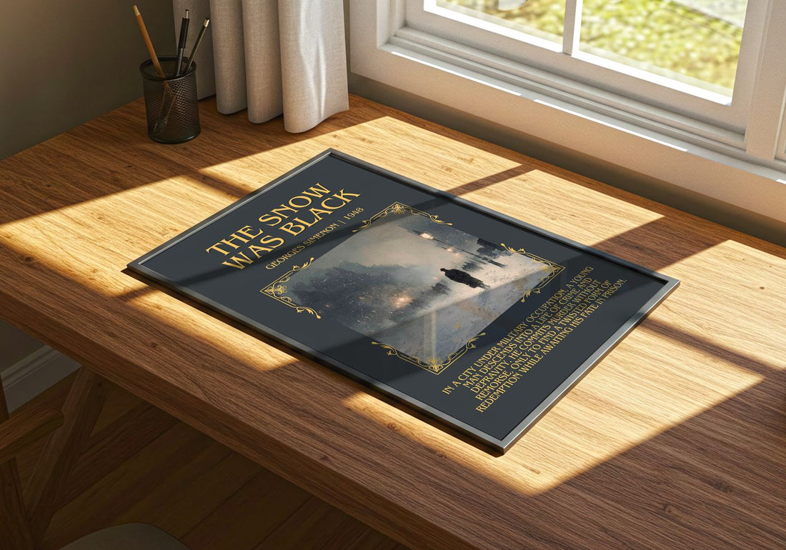 The Snow Was Black Minimalist Book Poster by Georges Simenon – print on a sunlit desk