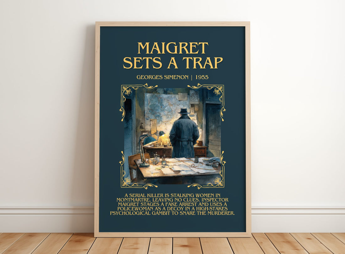 Maigret Sets A Trap Minimalist Book Poster by Georges Simenon – framed print leaning on a wooden floor