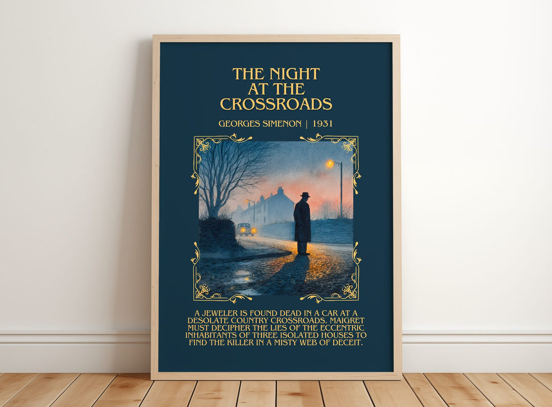 The Night At The Crossroads Minimalist Book Poster by Georges Simenon – framed print leaning on a wooden floor