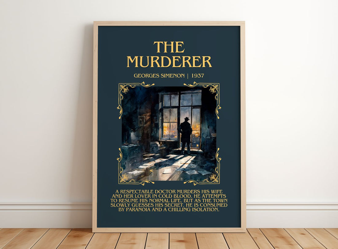 The Murderer Minimalist Book Poster by Georges Simenon – framed print leaning on a wooden floor