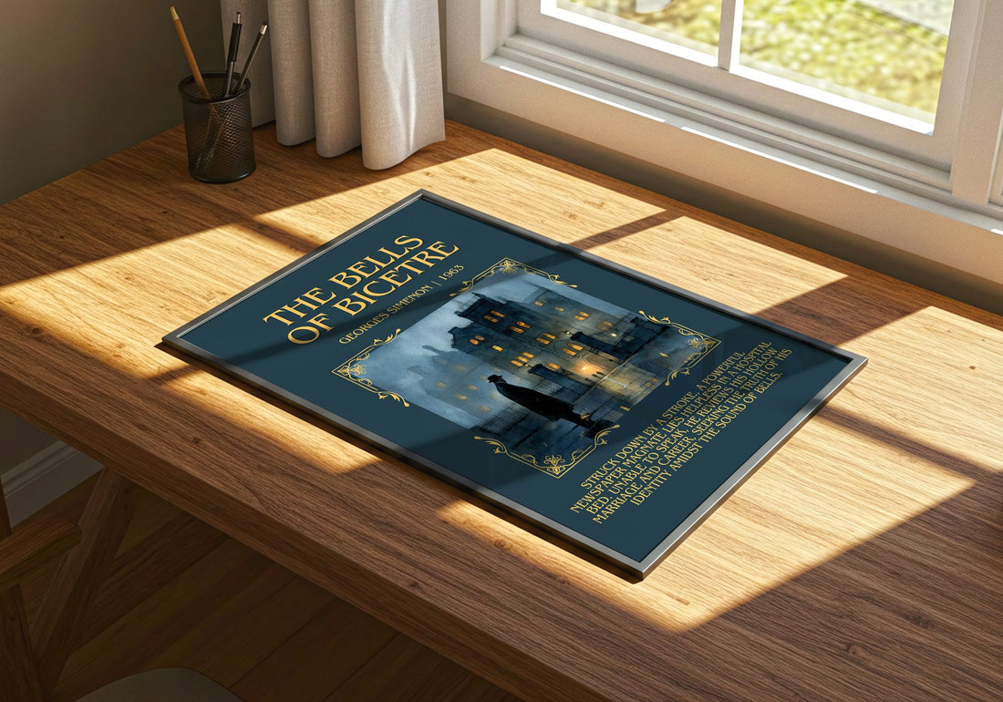 The Bells Of Bicêtre Minimalist Book Poster by Georges Simenon – print on a sunlit desk