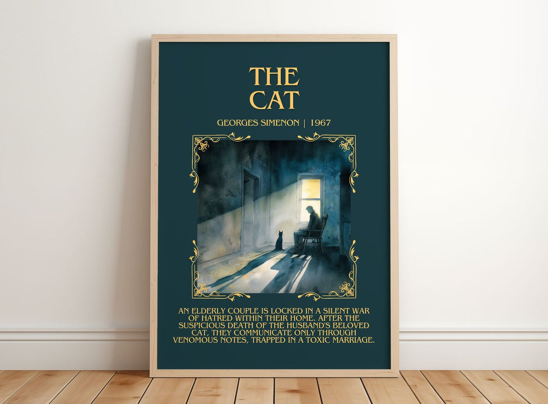 The Cat Minimalist Book Poster by Georges Simenon – framed print leaning on a wooden floor
