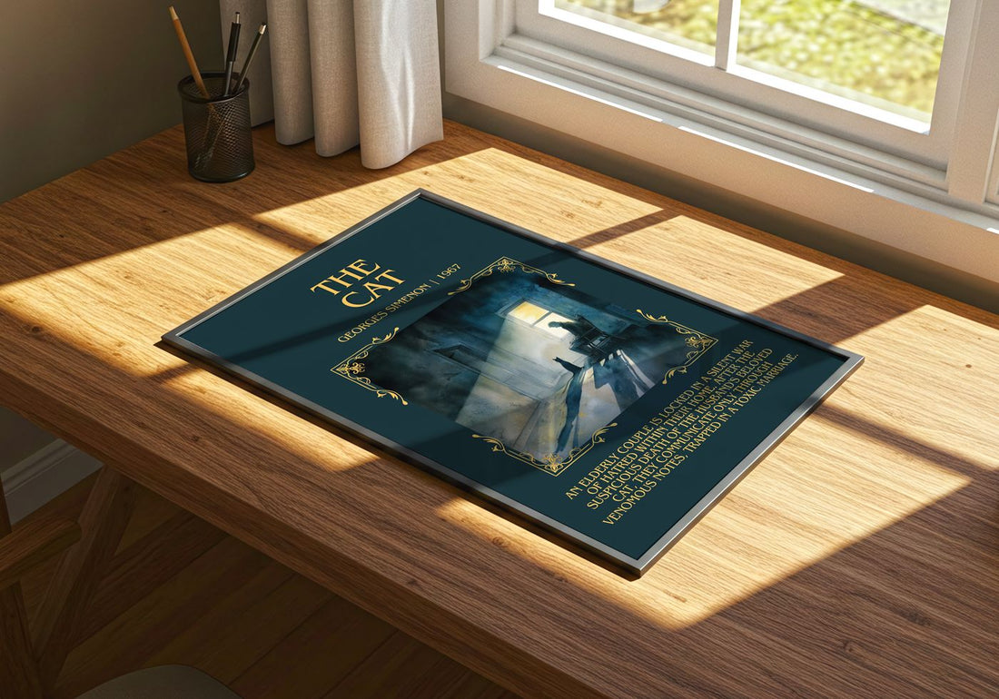 The Cat Minimalist Book Poster by Georges Simenon – print on a sunlit desk