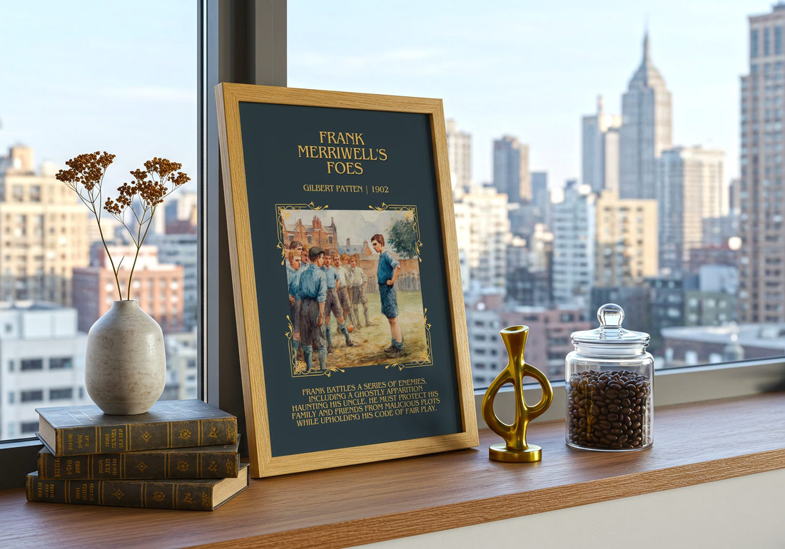 Frank Merriwell'S Foes Minimalist Book Poster by Gilbert Patten – framed print on a city-view windowsill