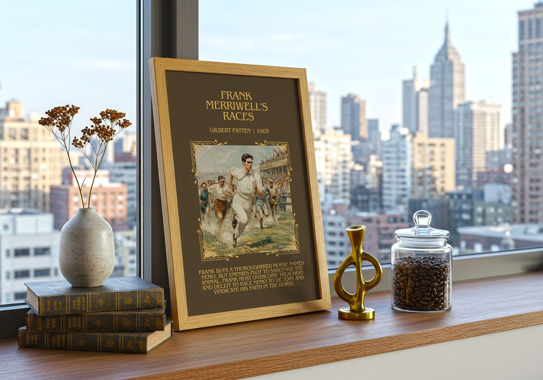 Frank Merriwell'S Races Minimalist Book Poster by Gilbert Patten – framed print on a city-view windowsill