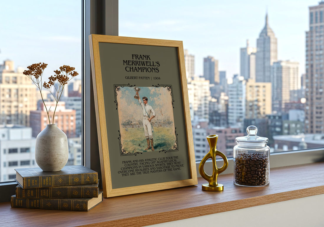 Frank Merriwell'S Champions Minimalist Book Poster by Gilbert Patten – framed print on a city-view windowsill