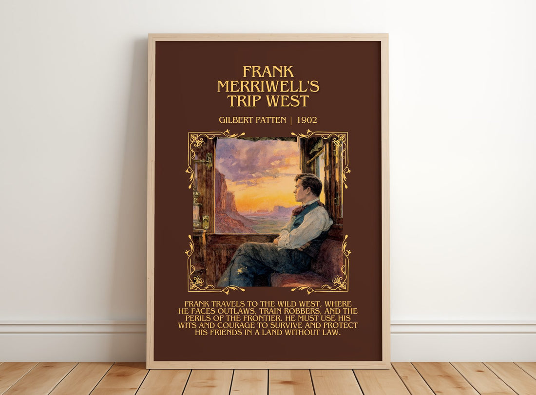 Frank Merriwell'S Trip West Minimalist Book Poster by Gilbert Patten – framed print leaning on a wooden floor