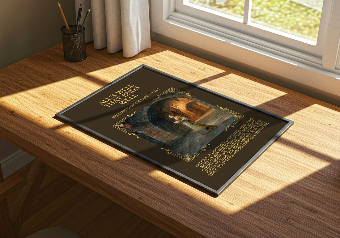 All'S Well That Ends Well Minimalist Book Poster by W. Shakespeare – print on a sunlit desk