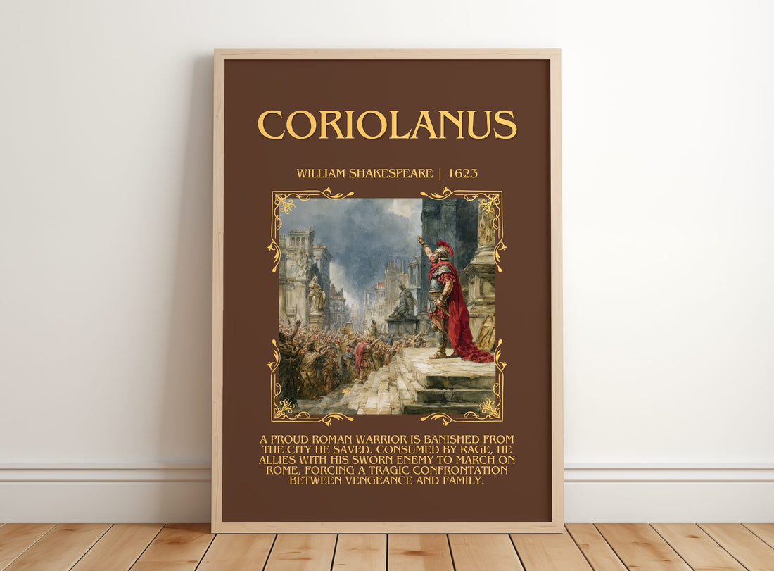 Coriolanus Minimalist Book Poster by William Shakespeare – framed print leaning on a wooden floor