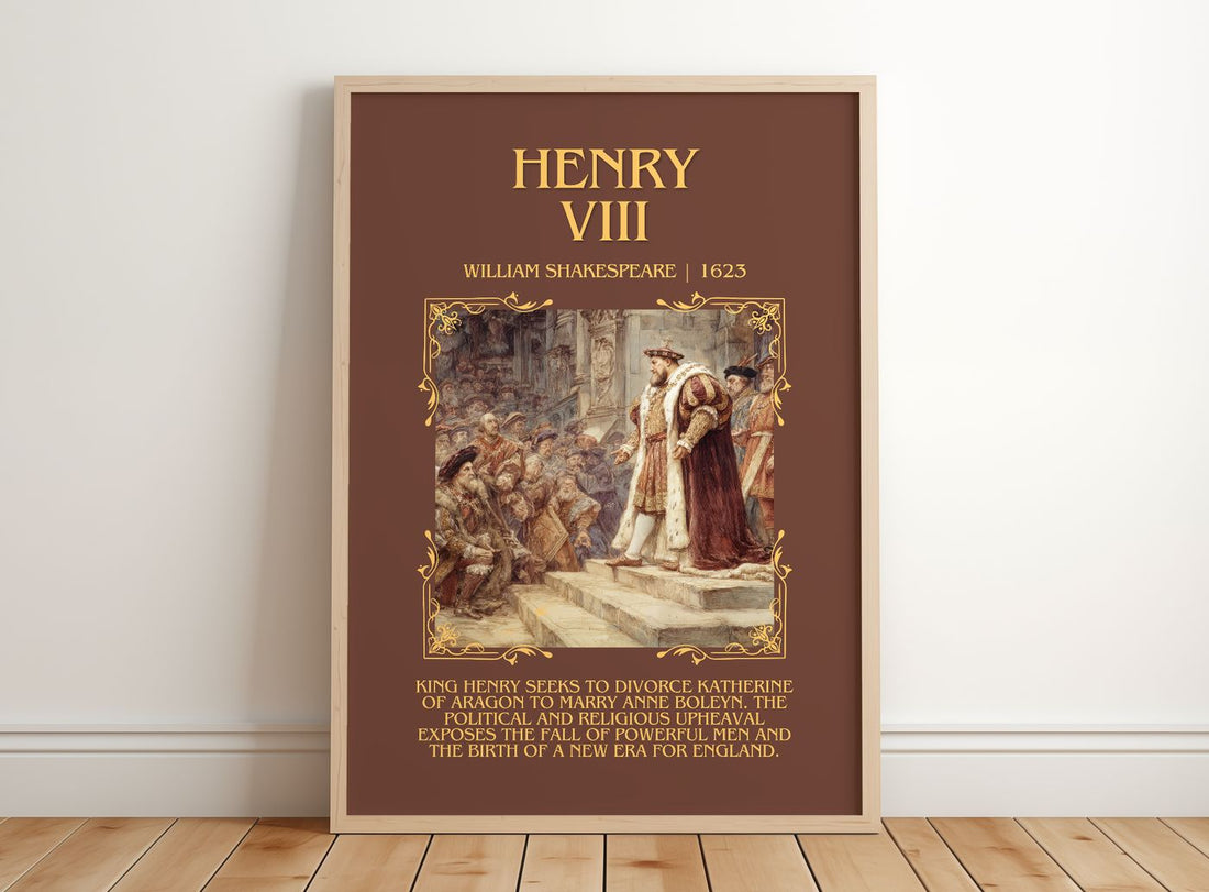 Henry Viii Minimalist Book Poster by William Shakespeare – framed print leaning on a wooden floor