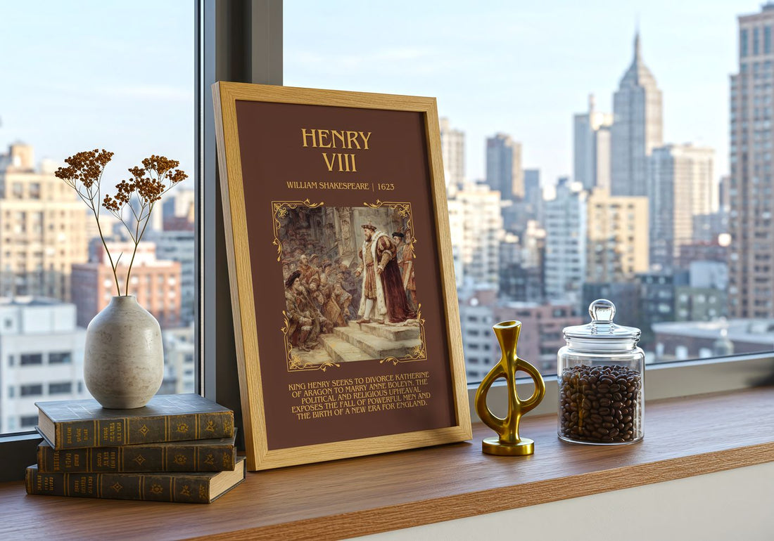 Henry Viii Minimalist Book Poster by William Shakespeare – framed print on a city-view windowsill