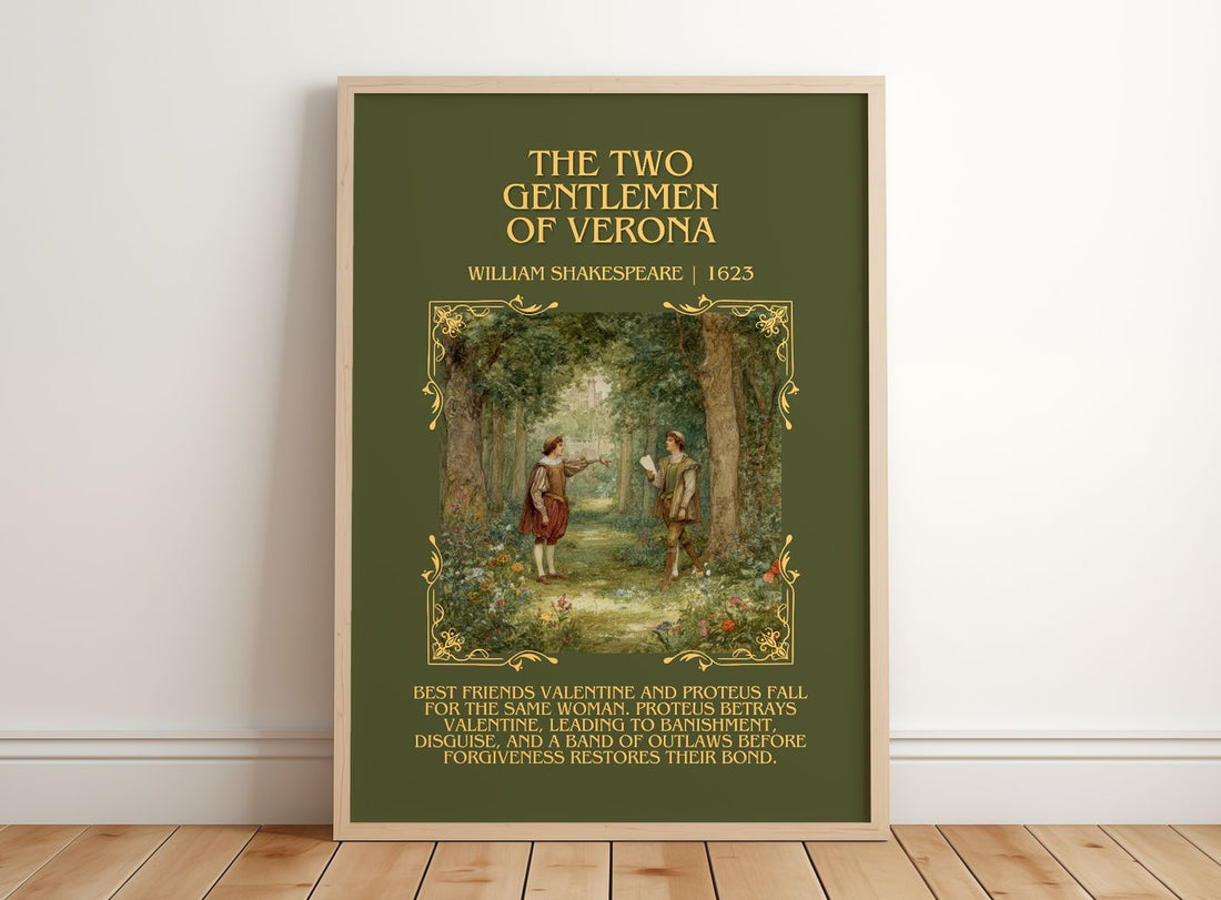Two Gentlemen Of Verona Minimalist Book Poster by William Shakespeare – framed print leaning on a wooden floor