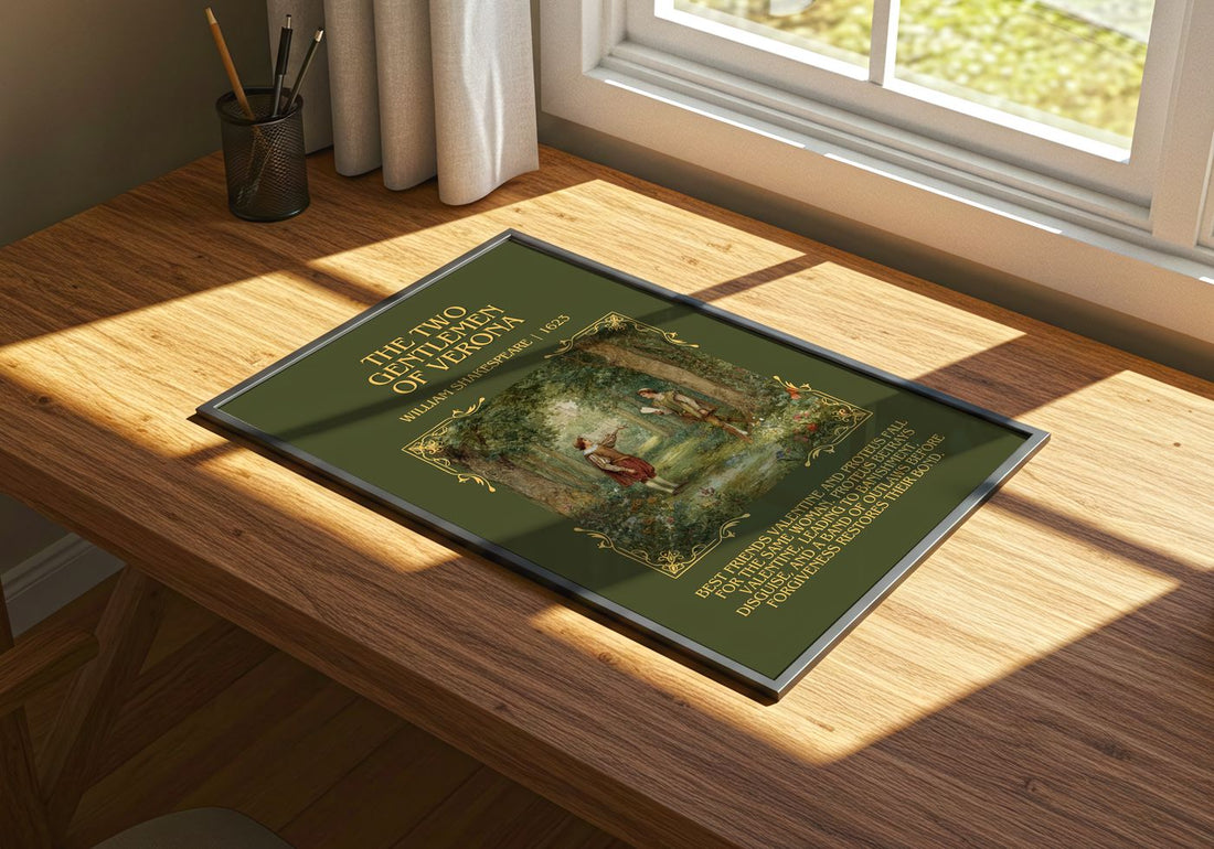 Two Gentlemen Of Verona Minimalist Book Poster by William Shakespeare – print on a sunlit desk