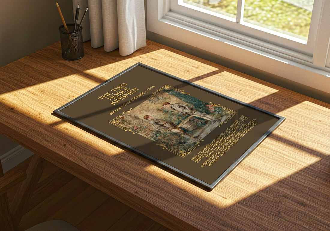 The Two Noble Kinsmen Minimalist Book Poster by William Shakespeare – print on a sunlit desk