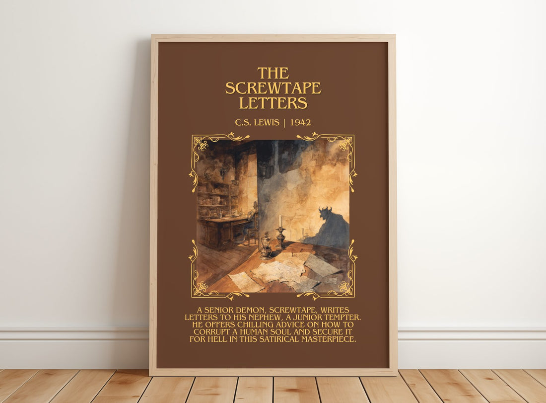 The Screwtape Letters Minimalist Book Poster by C.S. Lewis – framed print leaning on a wooden floor