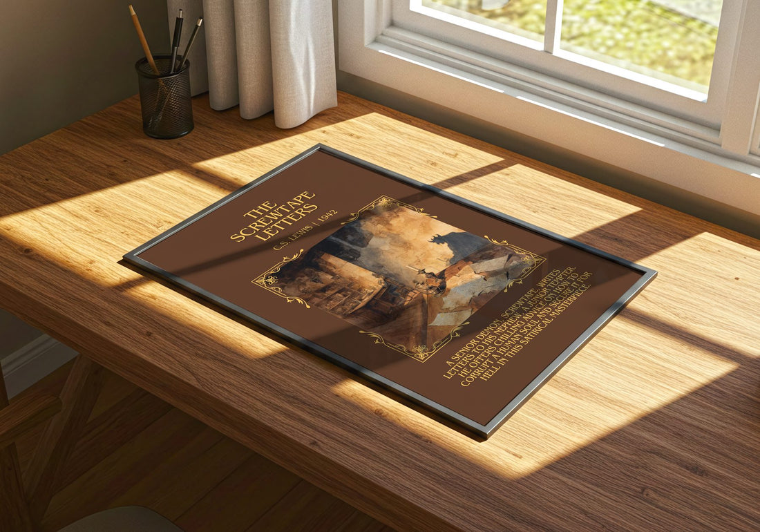 The Screwtape Letters Minimalist Book Poster by C.S. Lewis – print on a sunlit desk