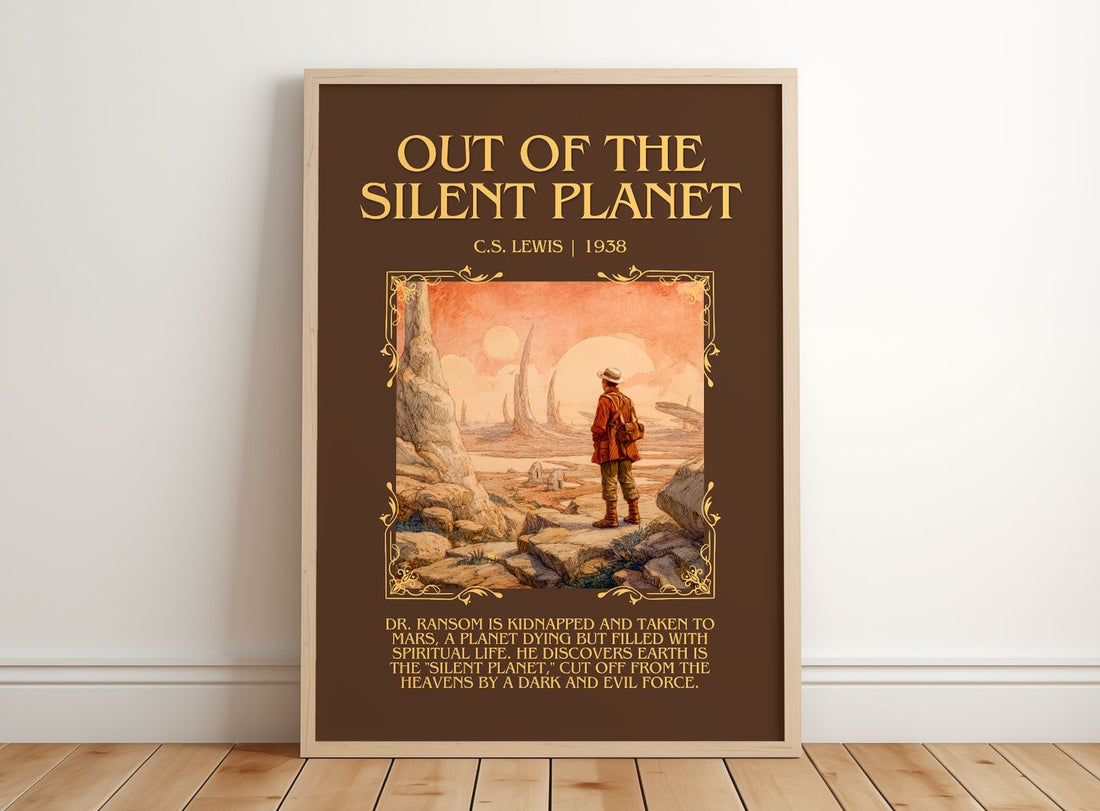 Out Of The Silent Planet Minimalist Book Poster by C.S. Lewis – framed print leaning on a wooden floor