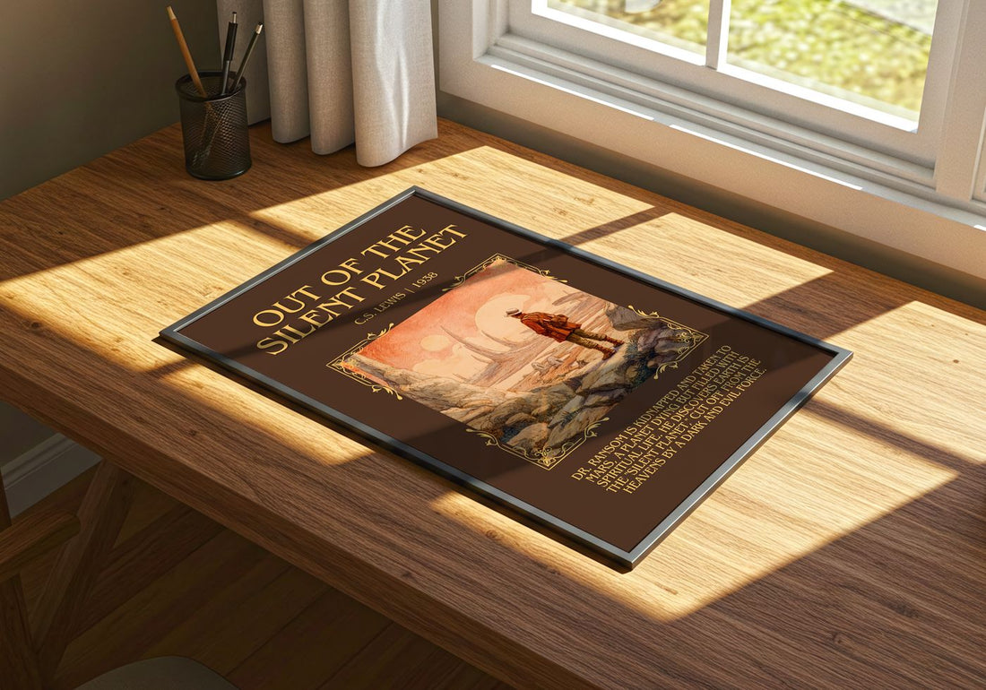 Out Of The Silent Planet Minimalist Book Poster by C.S. Lewis – print on a sunlit desk