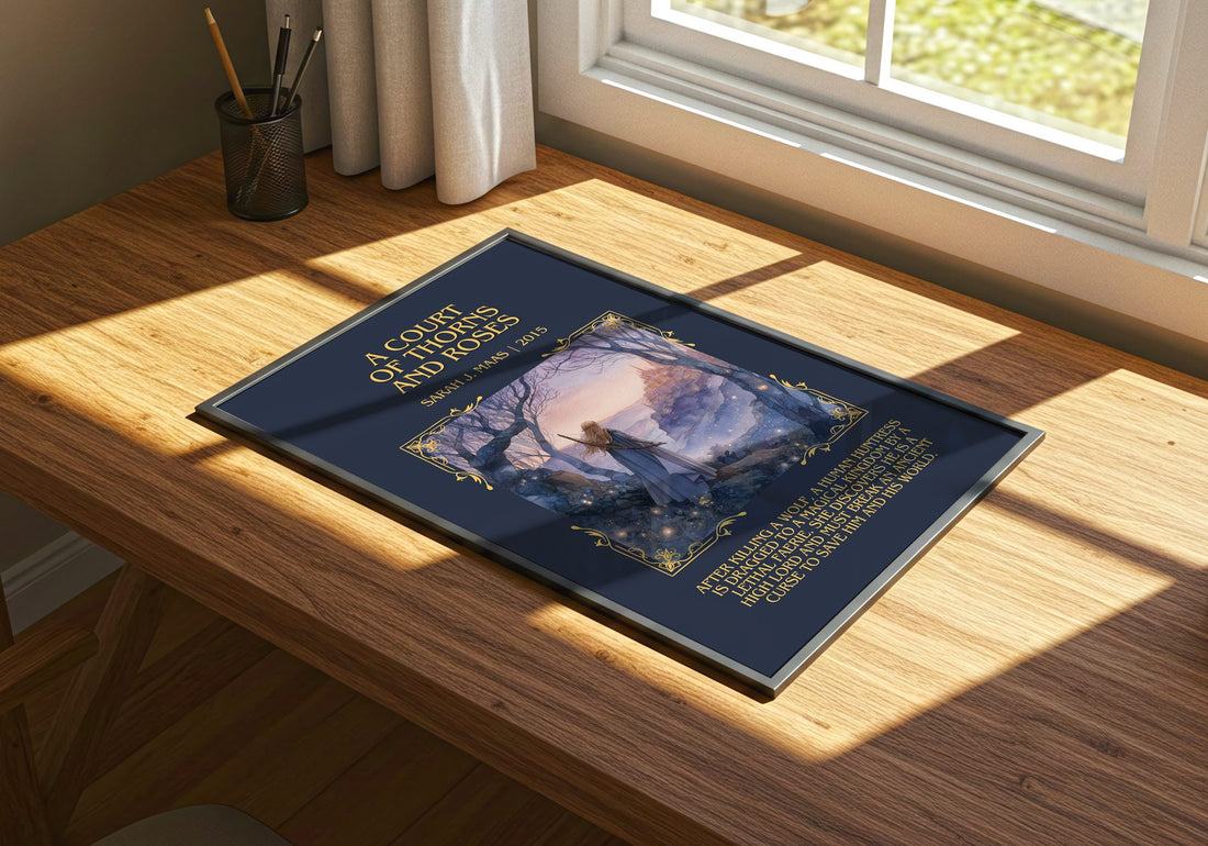 A Court Of Thorns And Roses Minimalist Book Poster by Sarah J. Maas – print on a sunlit desk
