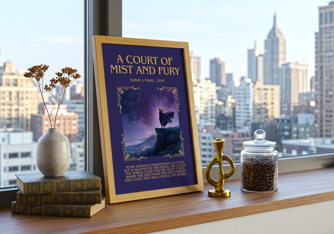 A Court Of Mist And Fury Minimalist Book Poster by Sarah J. Maas – framed print on a city-view windowsill