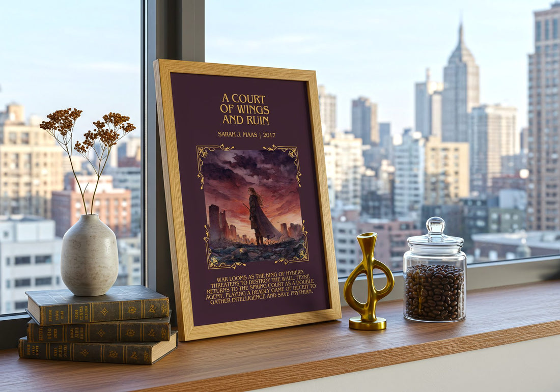 A Court Of Wings And Ruin Minimalist Book Poster by Sarah J. Maas – framed print on a city-view windowsill