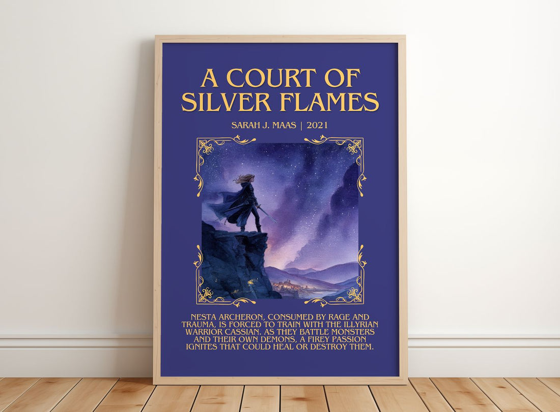 A Court Of Silver Flames Minimalist Book Poster by Sarah J. Maas – framed print leaning on a wooden floor
