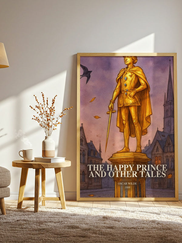 The Happy Prince And Other Tales watercolour print in frame leaning in hallway – childrens wall art