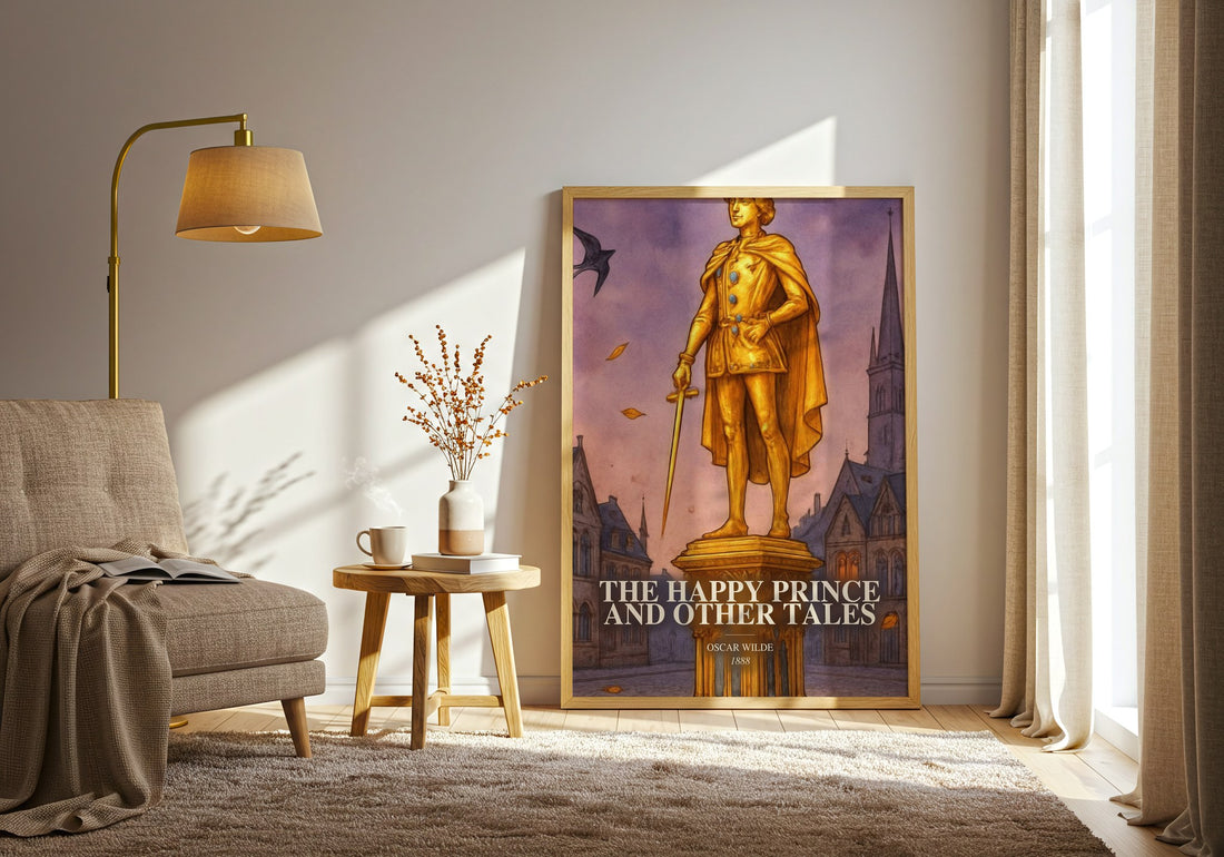 The Happy Prince And Other Tales watercolour print in frame leaning in hallway – childrens wall art (mockup)