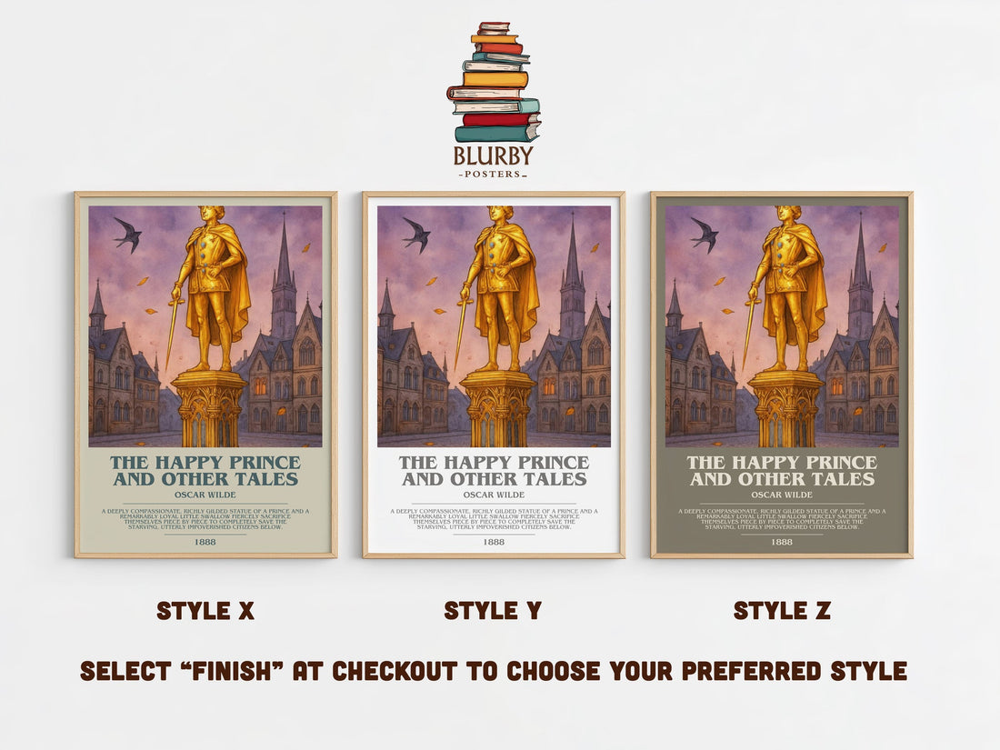 The Happy Prince And Other Tales bookish print in frame leaning in hallway – childrens wall art (mockup)