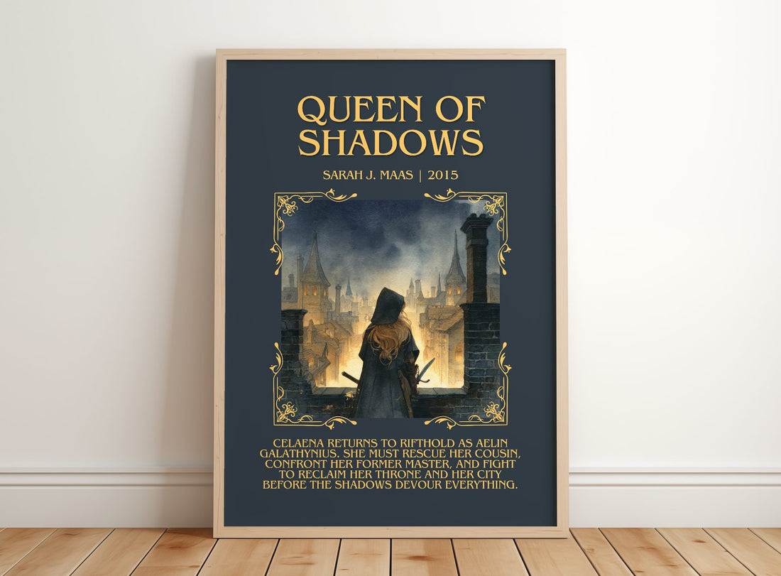 Queen Of Shadows Minimalist Book Poster by Sarah J. Maas – framed print leaning on a wooden floor