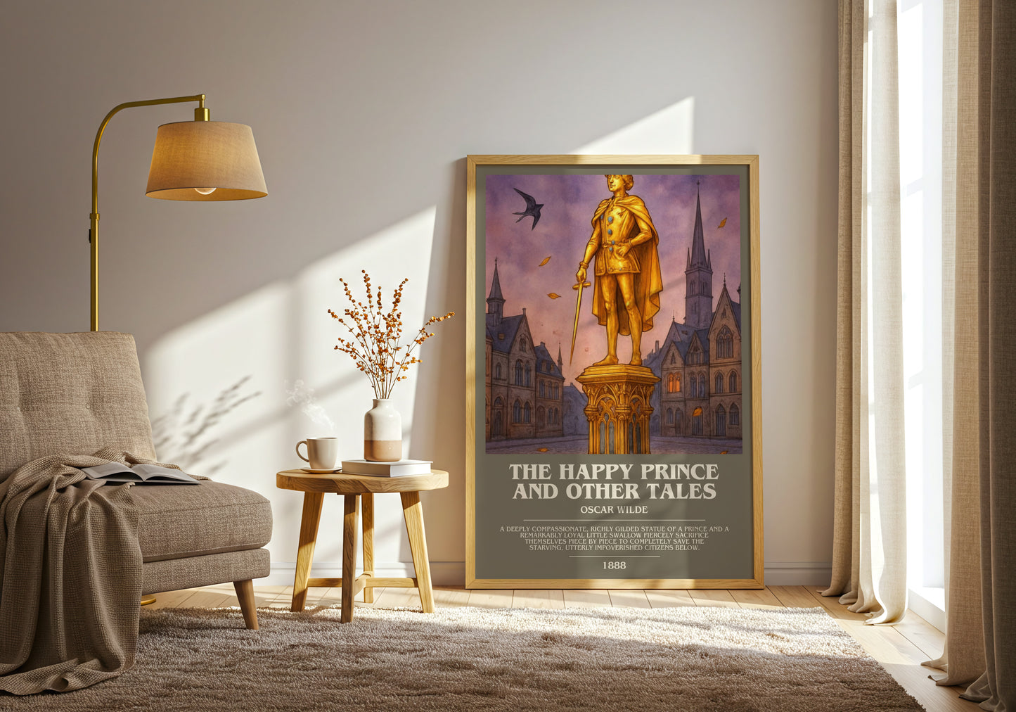The Happy Prince And Other Tales bookish print on bookshelf – Oscar Wilde fan gift