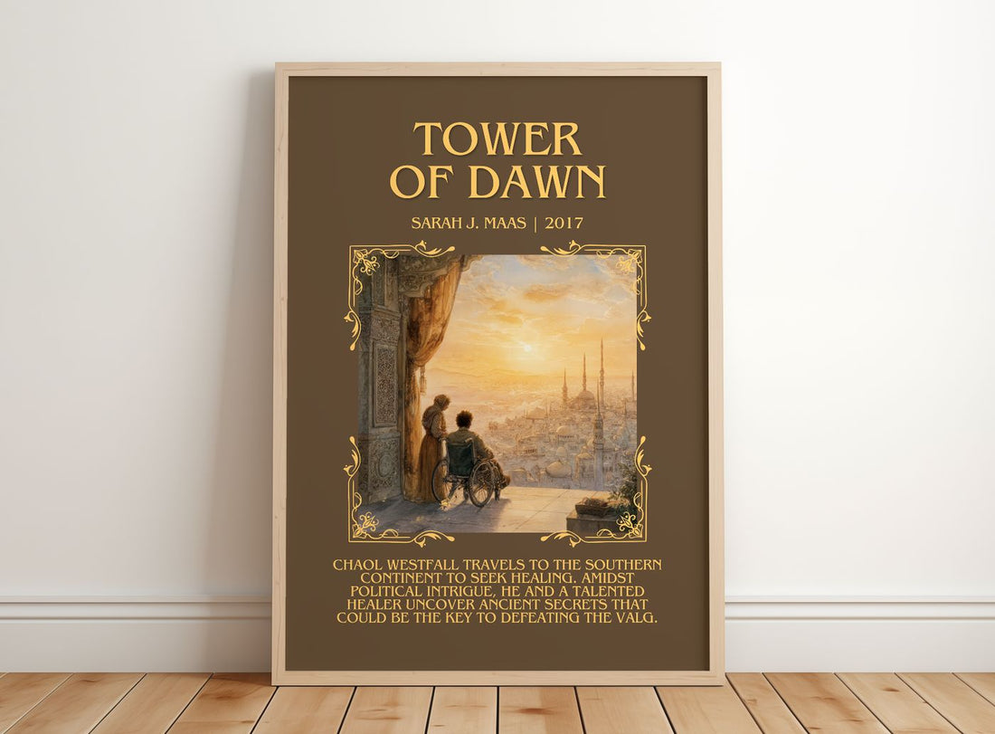 Tower Of Dawn Minimalist Book Poster by Sarah J. Maas – framed print leaning on a wooden floor