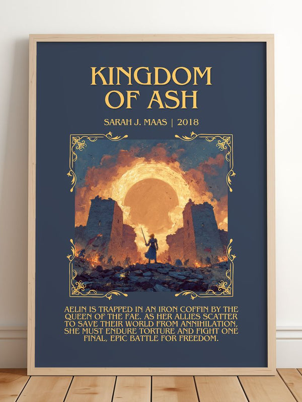 Kingdom Of Ash Minimalist Book Poster by Sarah J. Maas – framed print leaning on a wooden floor