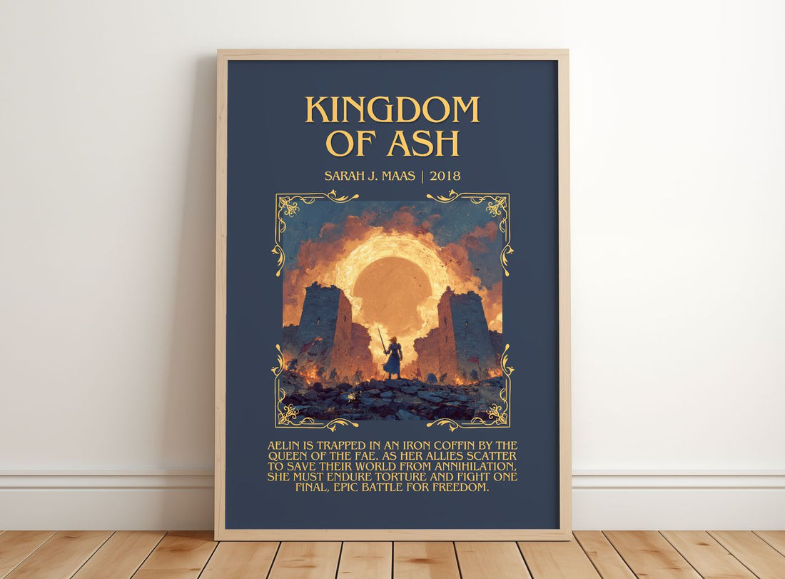 Kingdom Of Ash Minimalist Book Poster by Sarah J. Maas – framed print leaning on a wooden floor