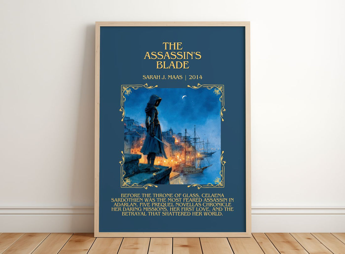 The Assassin'S Blade Minimalist Book Poster by Sarah J. Maas – framed print leaning on a wooden floor