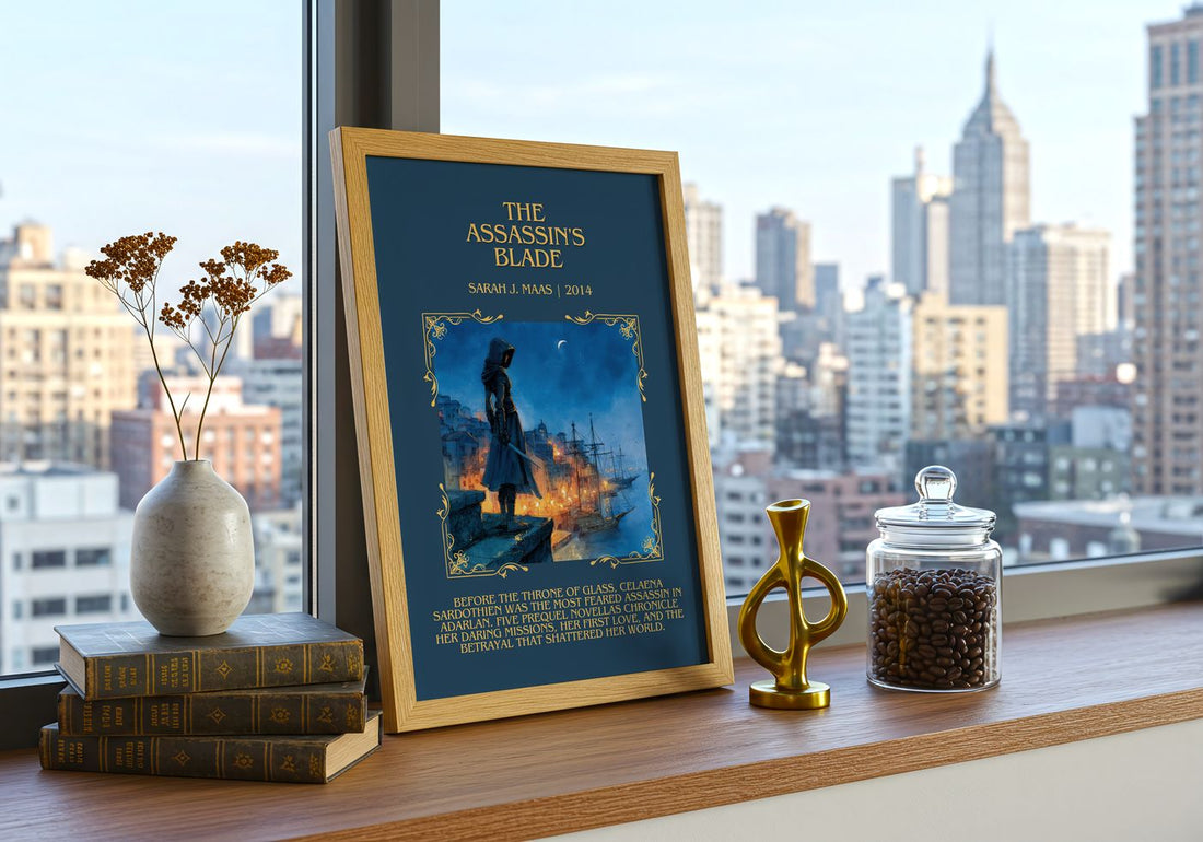 The Assassin'S Blade Minimalist Book Poster by Sarah J. Maas – framed print on a city-view windowsill